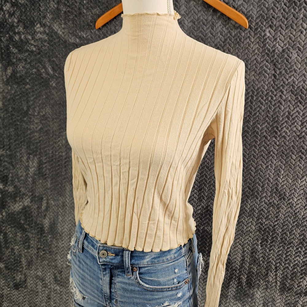ZAFUL Womens Cream Ribbed Mock Neck Lettuce Edge Crop Top XL Long Sleeve Beige